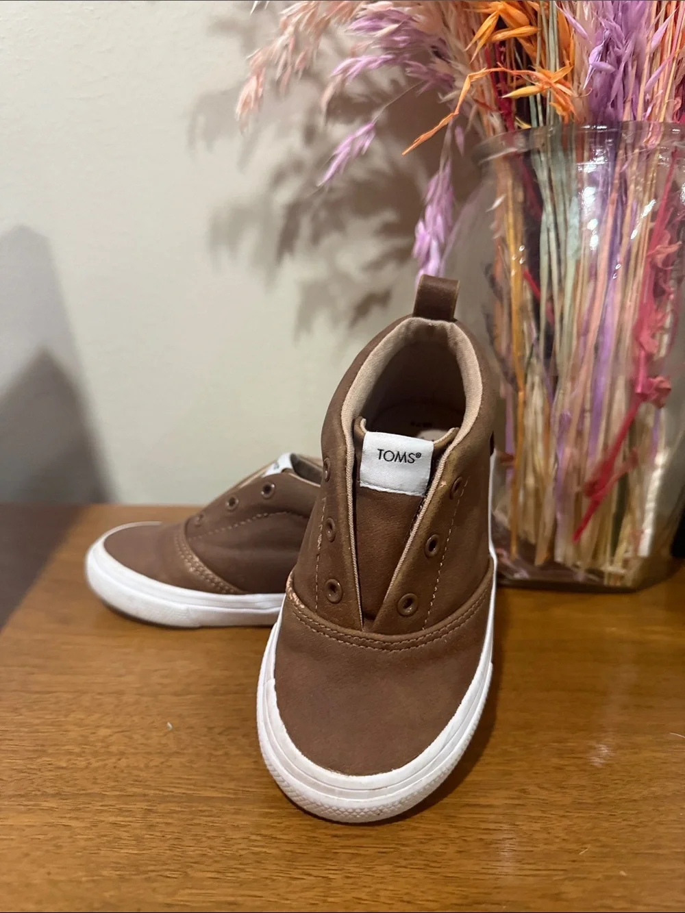 TOMS Kids Brown Canvas Slip-On Sneakers with White Sole